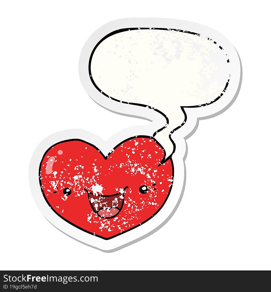 cartoon love heart character and speech bubble distressed sticker