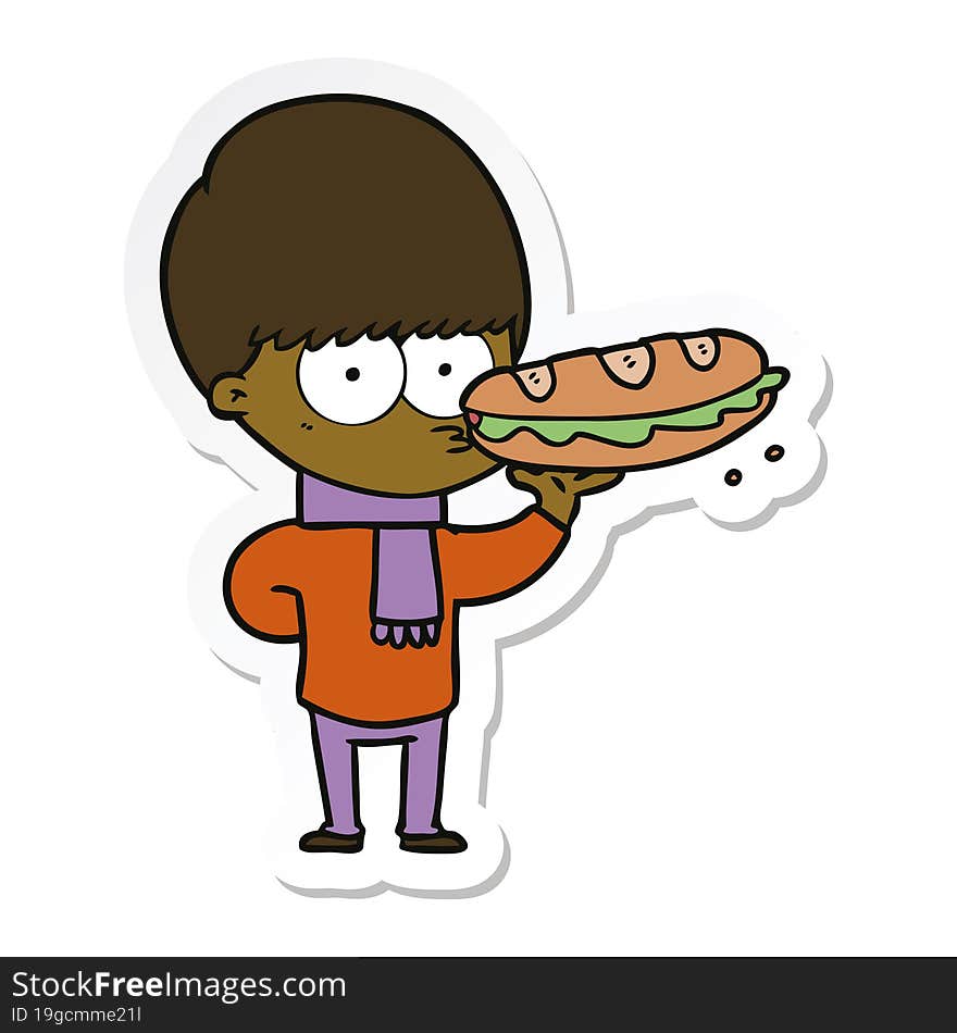 Sticker Of A Nervous Cartoon Boy With Sandwich