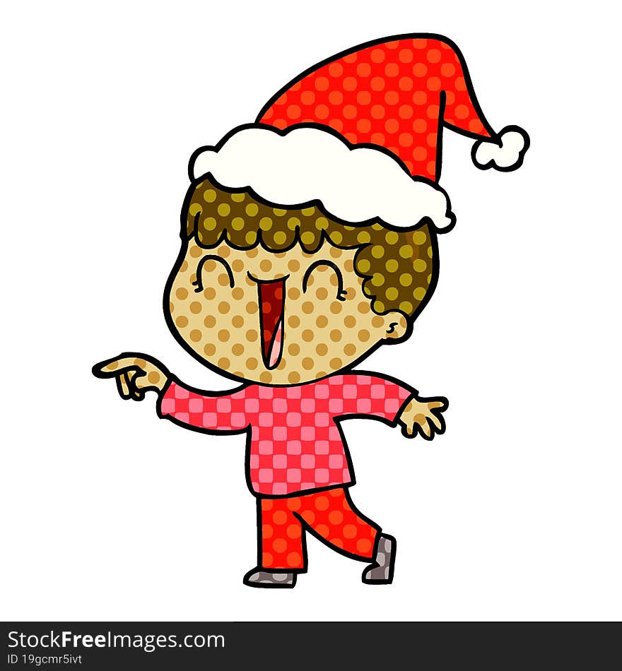 laughing comic book style illustration of a man pointing wearing santa hat