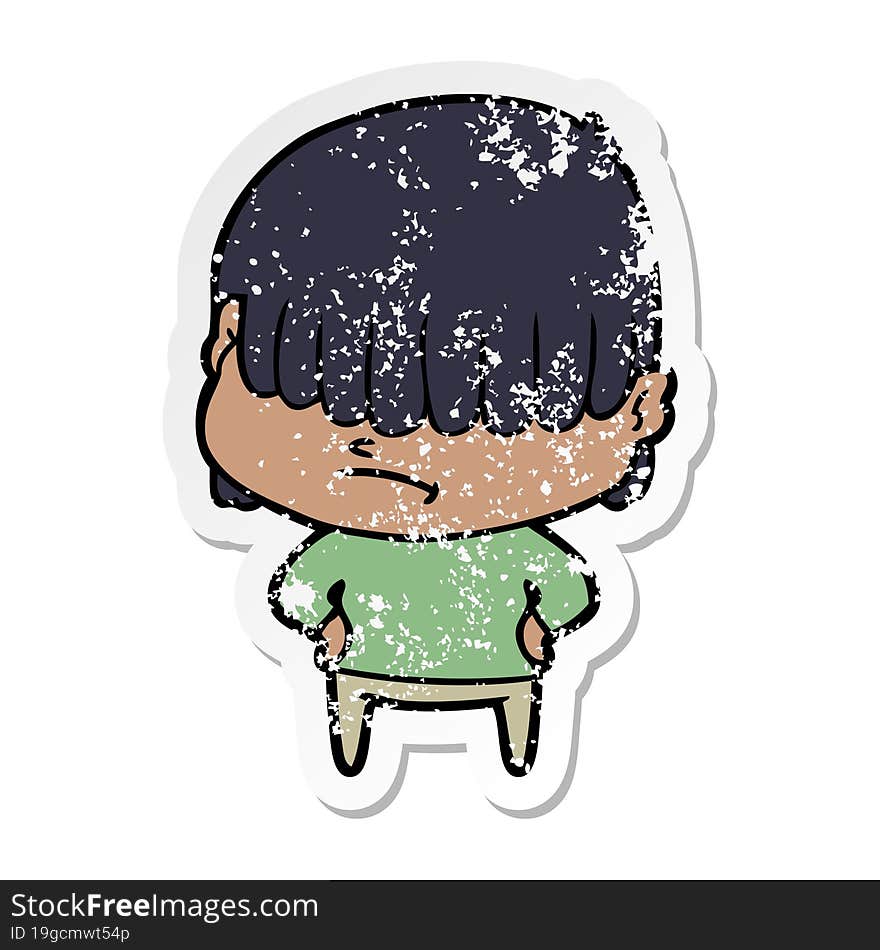 distressed sticker of a cartoon boy with untidy hair