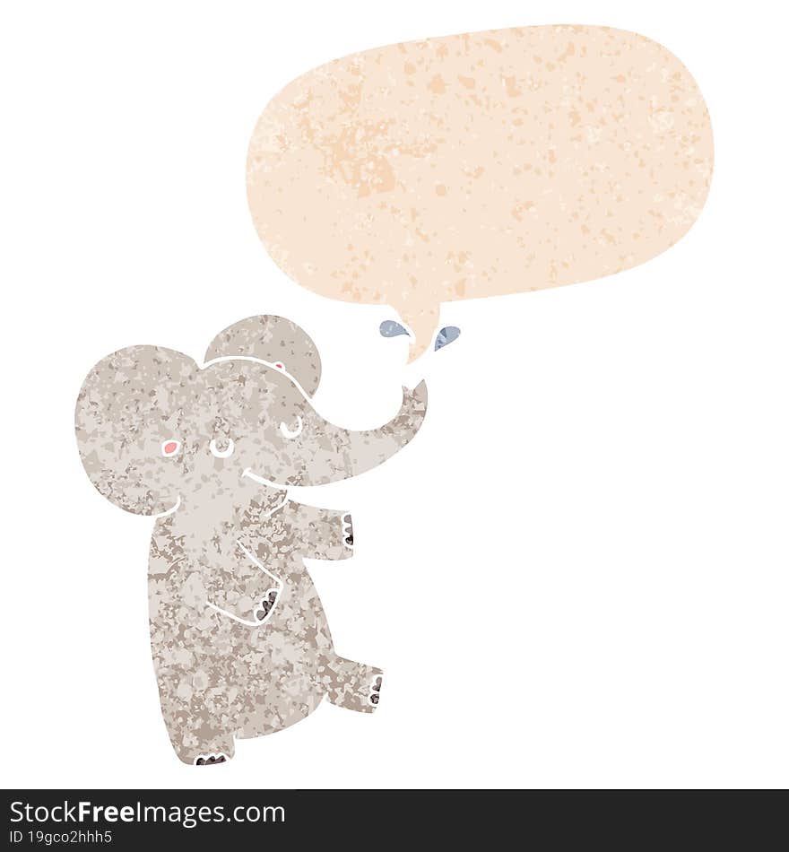 cartoon dancing elephant and speech bubble in retro textured style