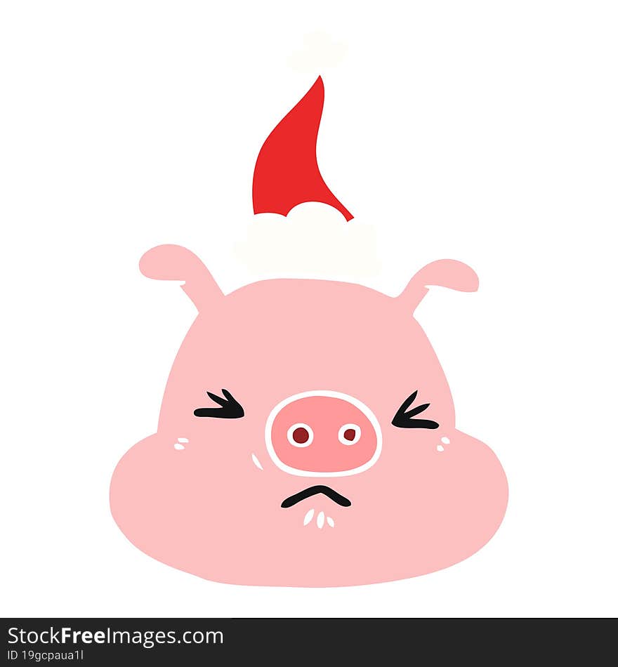 Flat Color Illustration Of A Angry Pig Face Wearing Santa Hat