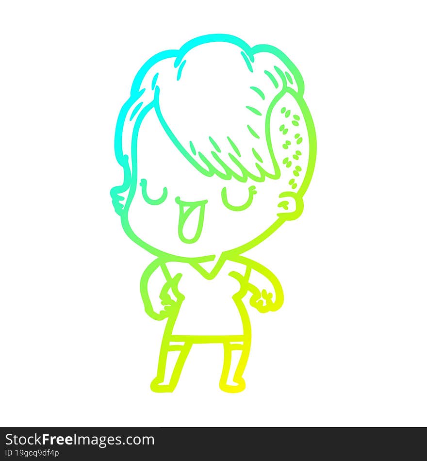 cold gradient line drawing of a cute cartoon girl with hipster haircut