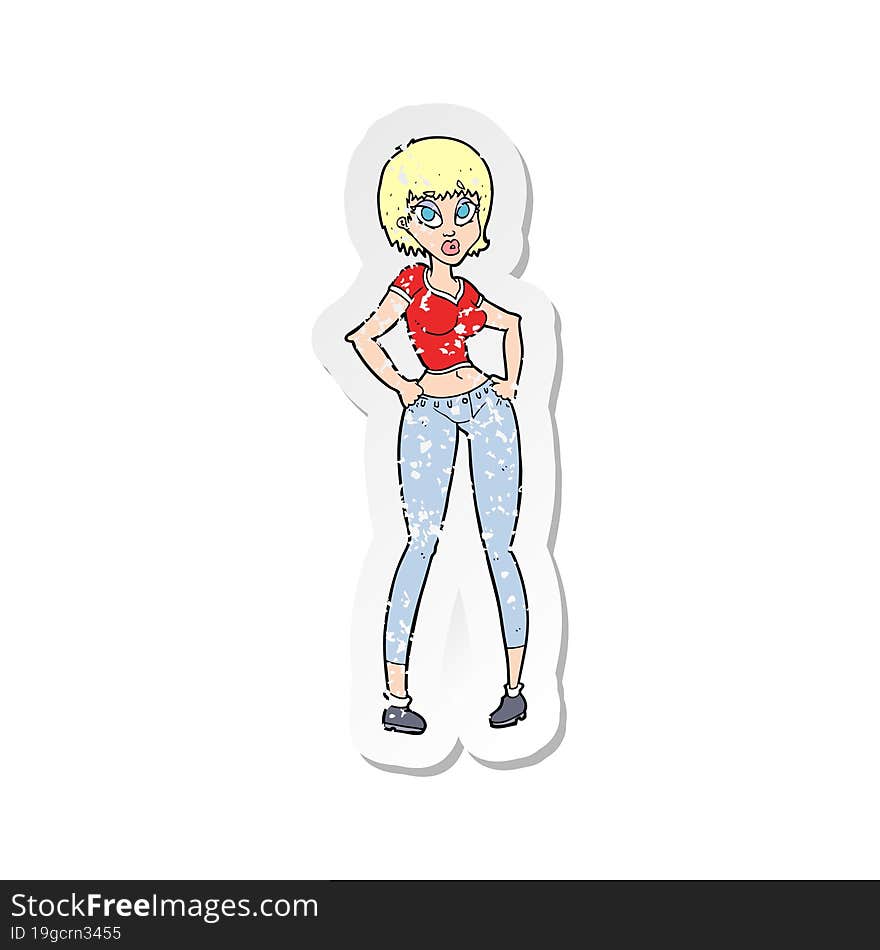 retro distressed sticker of a cartoon pretty woman