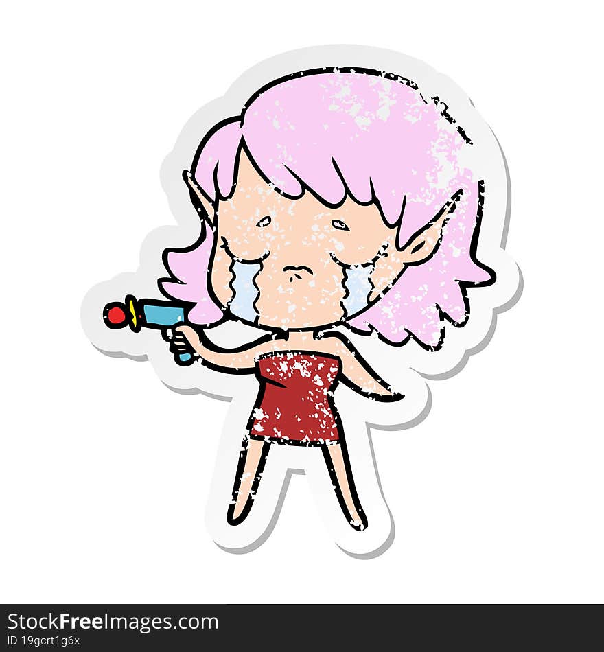 distressed sticker of a cartoon crying elf girl