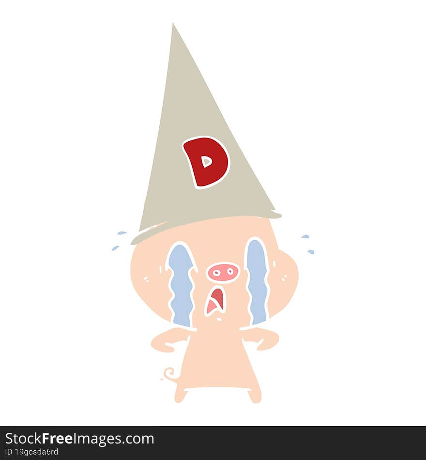 crying pig wearing dunce hat