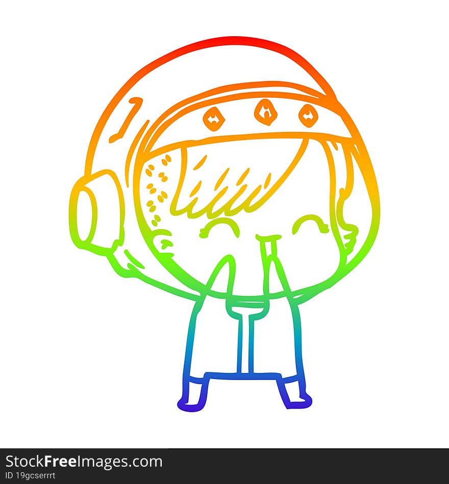 rainbow gradient line drawing of a cartoon laughing astronaut girl