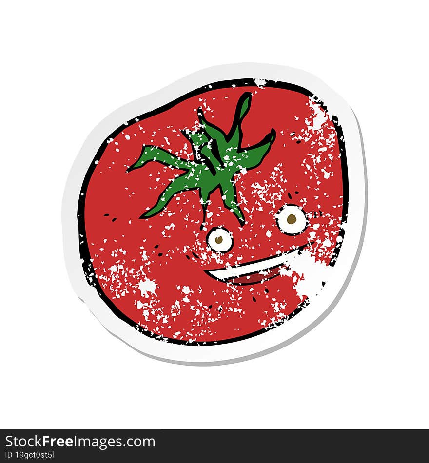 retro distressed sticker of a cartoon happy tomato