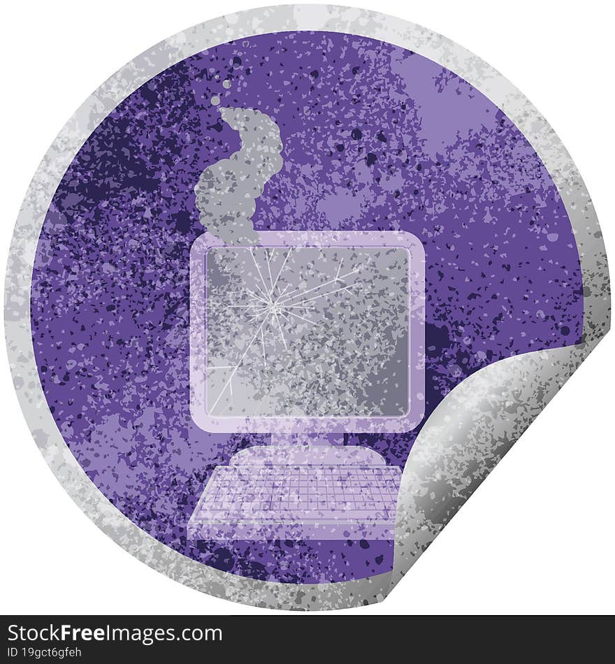 broken computer graphic vector illustration circular sticker. broken computer graphic vector illustration circular sticker