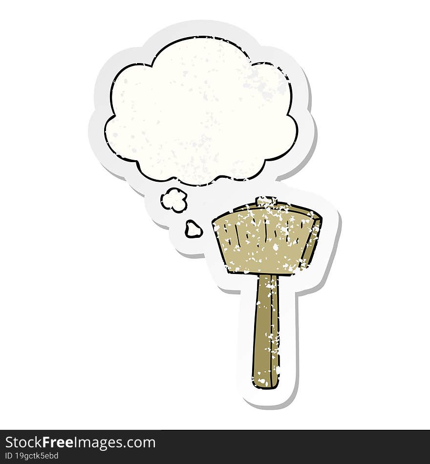 cartoon mallet and thought bubble as a distressed worn sticker