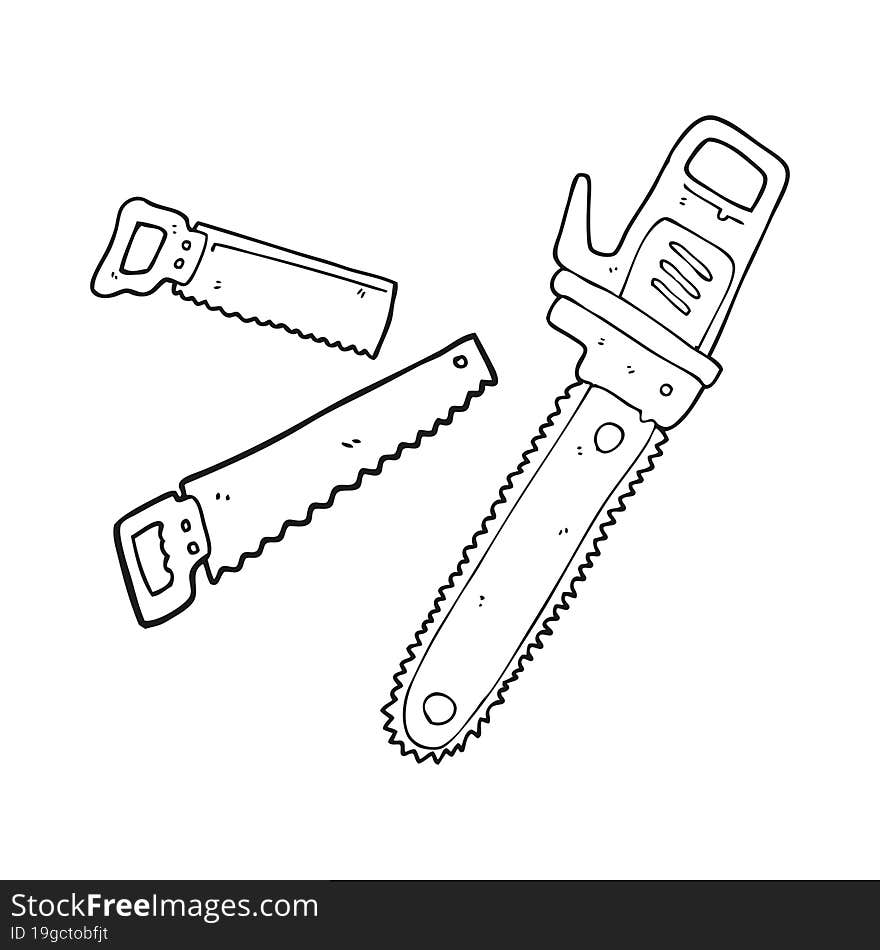 freehand black and white cartoon drawing of saws. freehand black and white cartoon drawing of saws