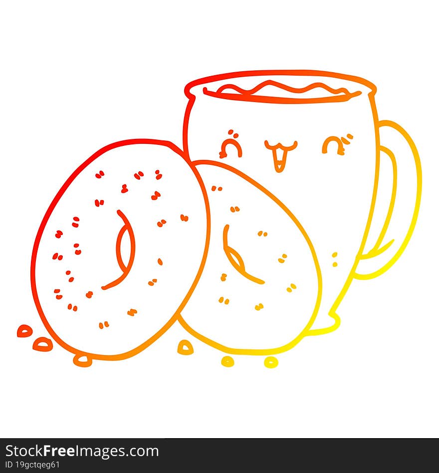 warm gradient line drawing cartoon coffee and donuts