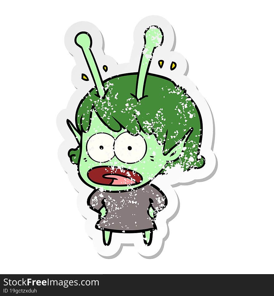 distressed sticker of a cartoon shocked alien girl