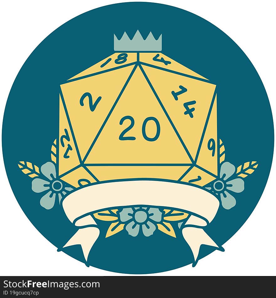 Retro Tattoo Style natural 20 critical hit D20 dice roll. Retro Tattoo Style natural 20 critical hit D20 dice roll