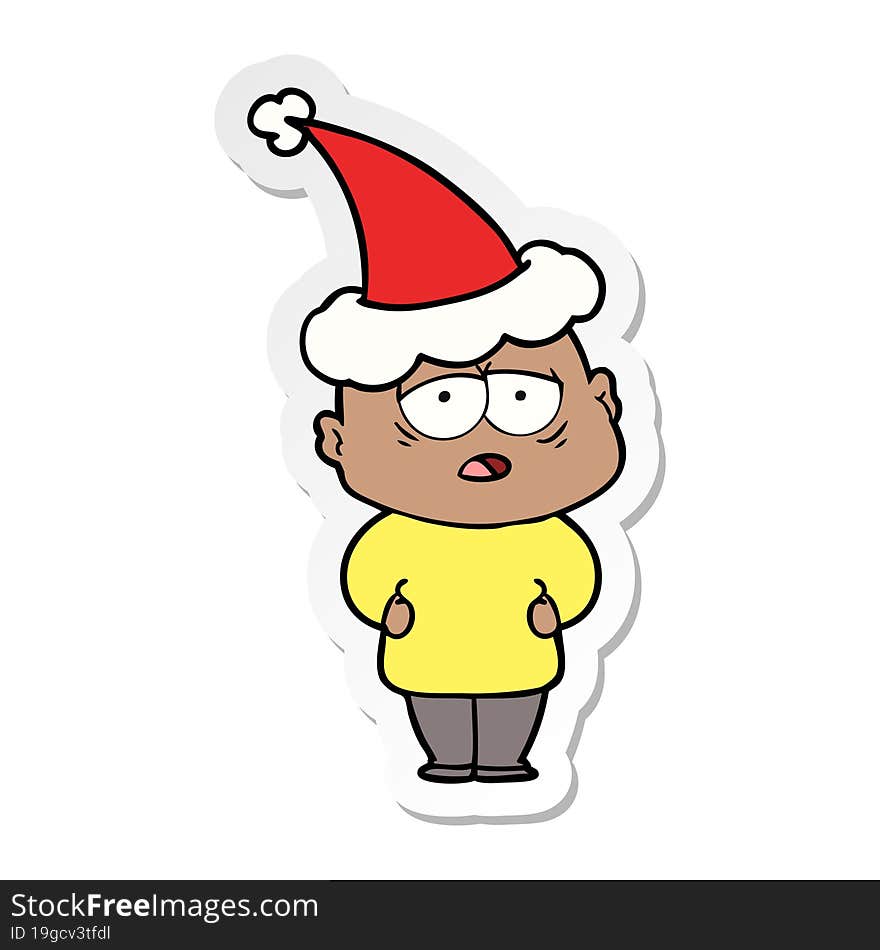 Sticker Cartoon Of A Tired Bald Man Wearing Santa Hat