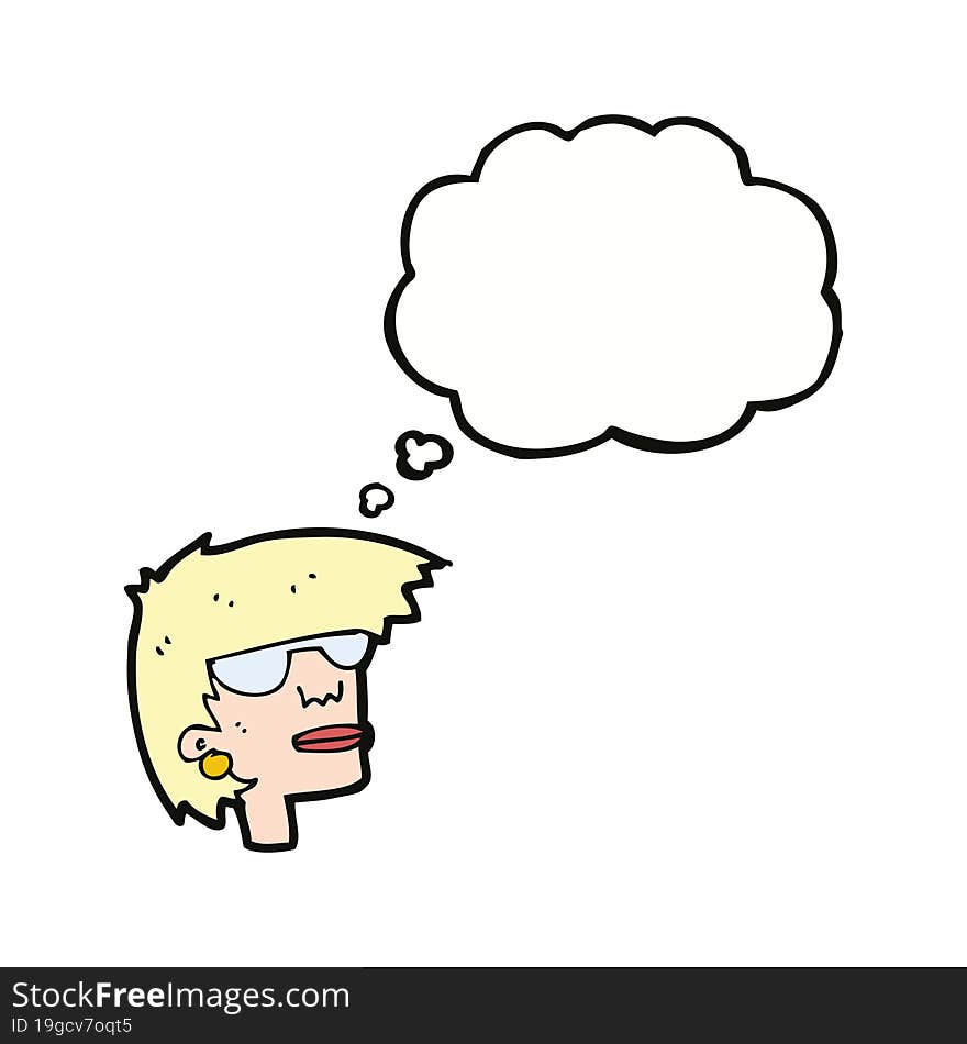 cartoon female face with glasses with thought bubble