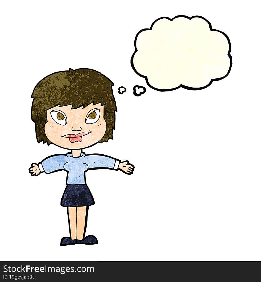 cartoon woman with open amrs with thought bubble