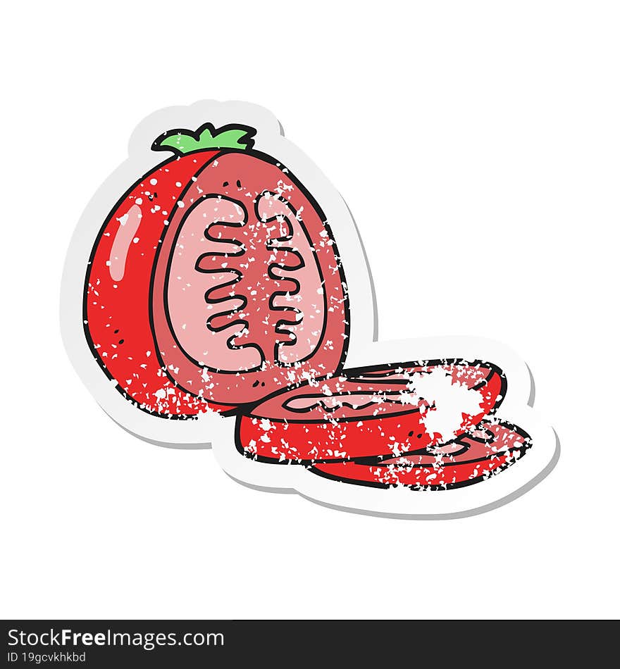 retro distressed sticker of a cartoon sliced tomato