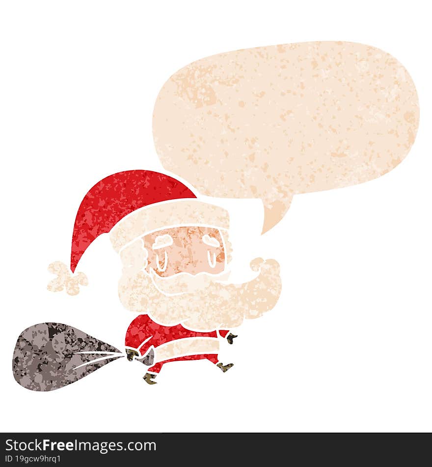 cartoon santa claus with sack and speech bubble in retro textured style