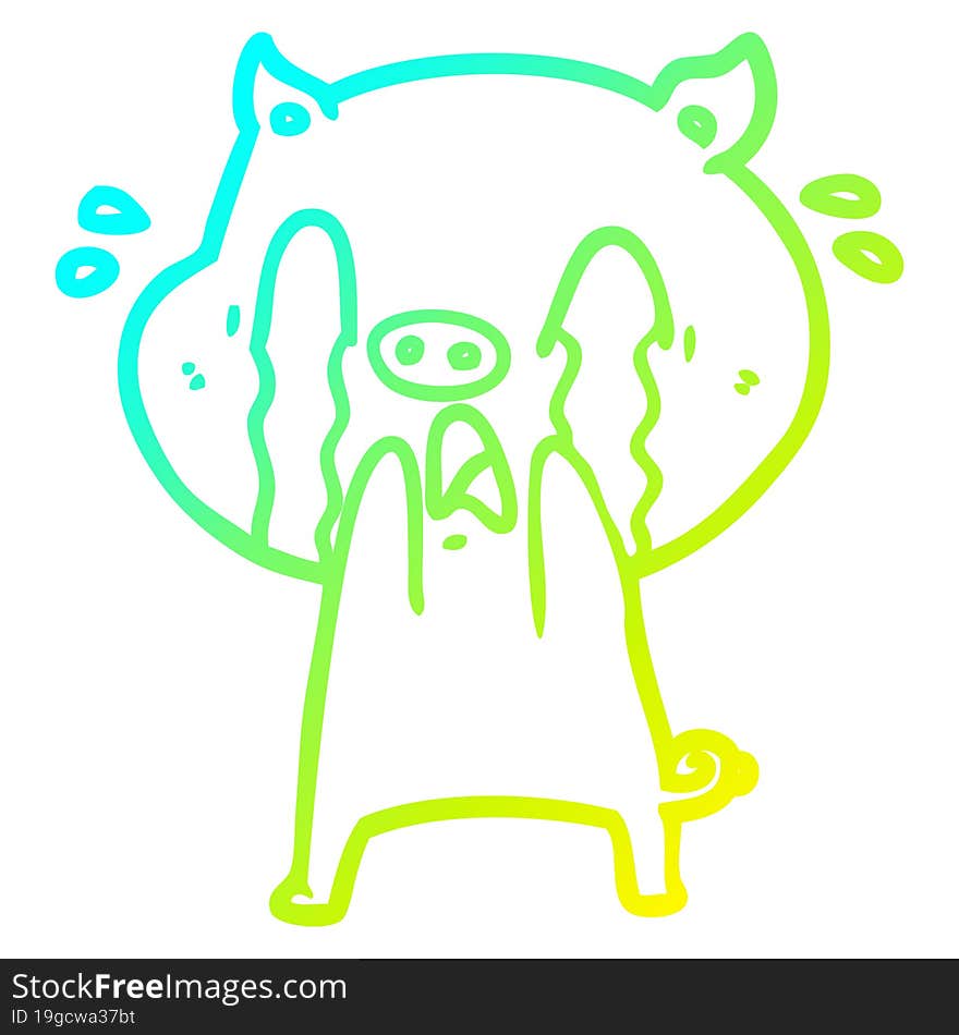 cold gradient line drawing of a crying pig cartoon