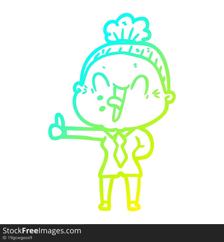 cold gradient line drawing of a cartoon happy old woman