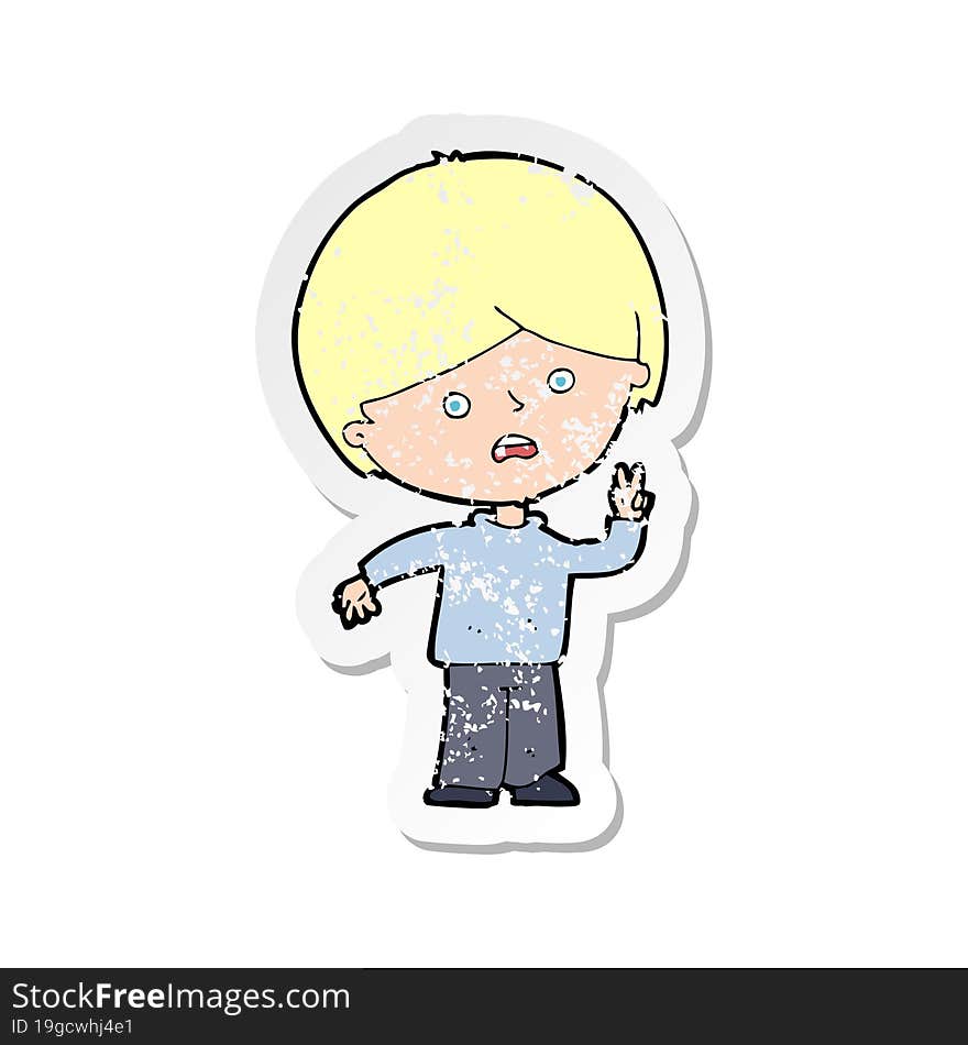 retro distressed sticker of a cartoon unhappy boy giving peace sign