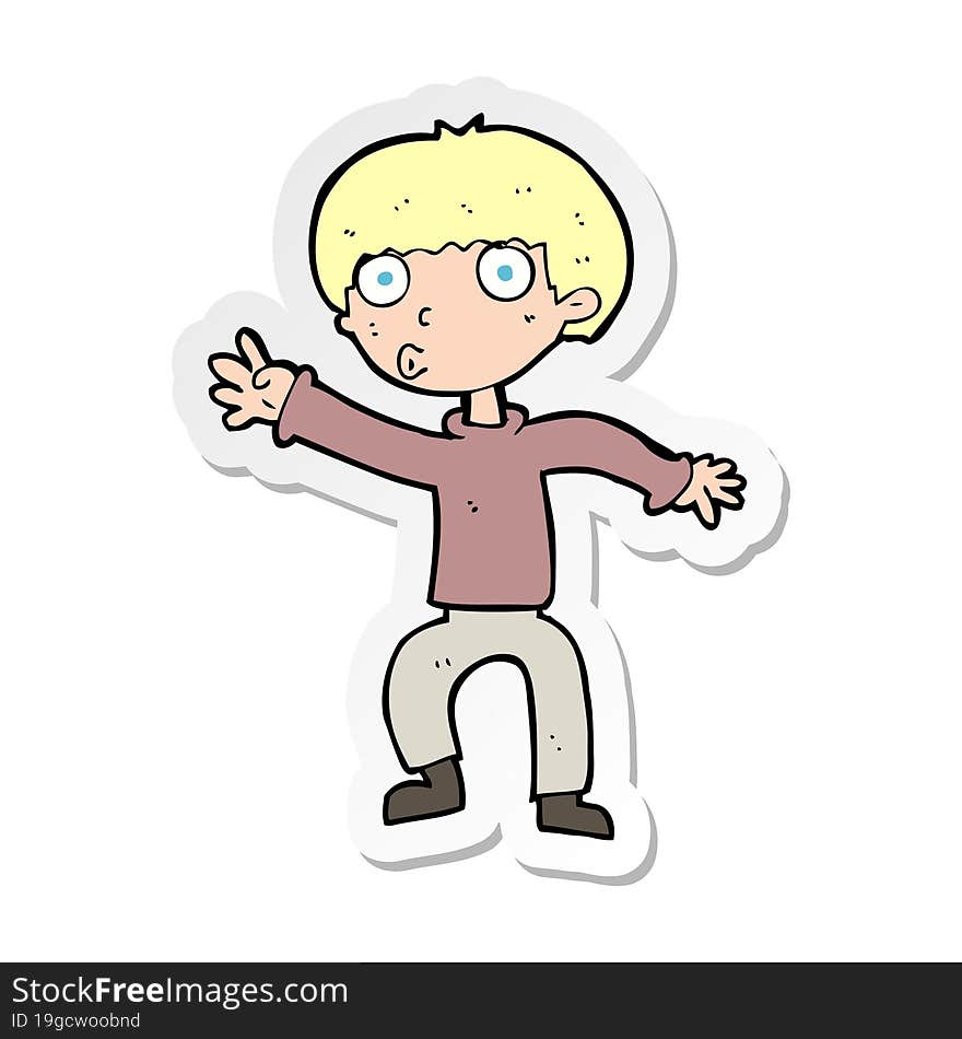 sticker of a cartoon boy waving warning