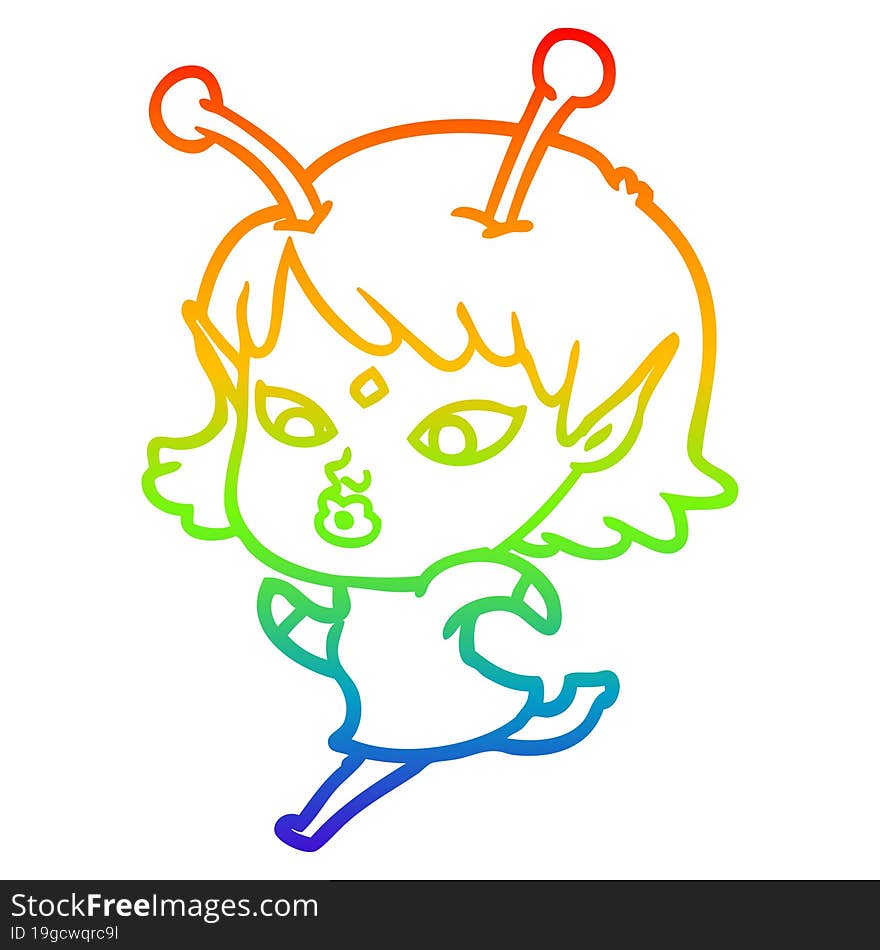 rainbow gradient line drawing pretty cartoon alien girl running