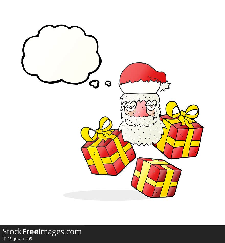 thought bubble cartoon tired santa claus face with presents