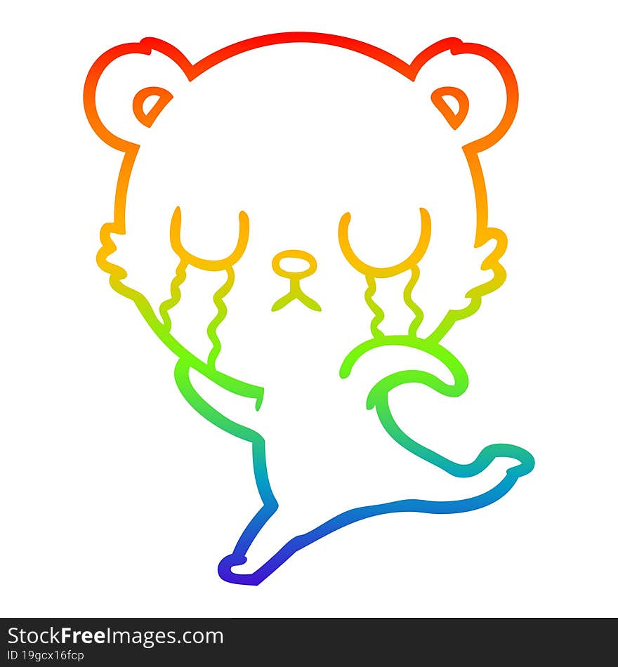 rainbow gradient line drawing crying cartoon bear running away