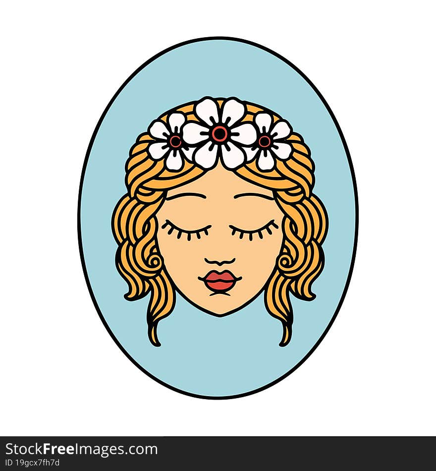 tattoo in traditional style of a maiden with eyes closed. tattoo in traditional style of a maiden with eyes closed