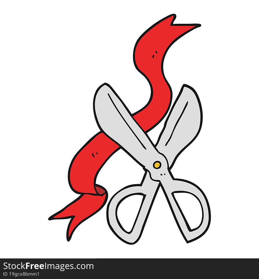 flat color illustration of a cartoon scissors cutting ribbon