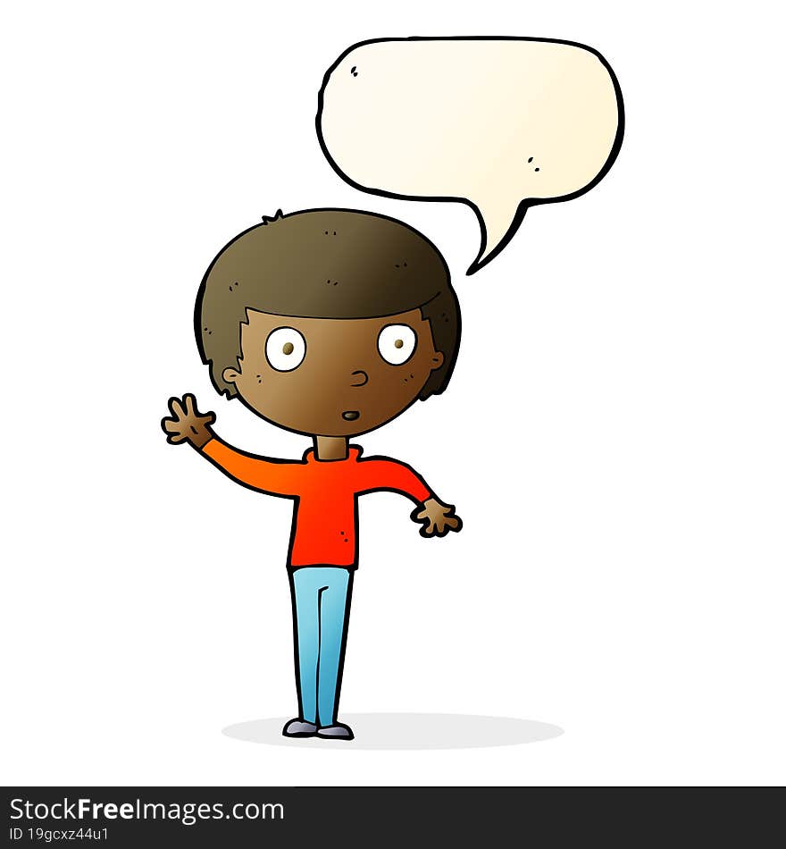 cartoon waving boy with speech bubble