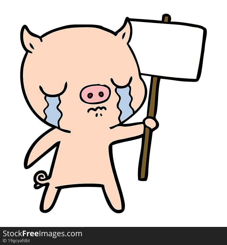 cartoon crying pig with sign post. cartoon crying pig with sign post