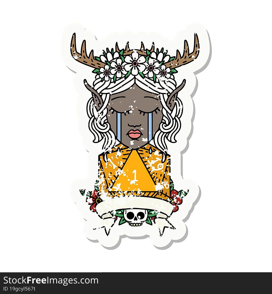 Retro Tattoo Style sad elf druid character face with natural one D20 roll. Retro Tattoo Style sad elf druid character face with natural one D20 roll