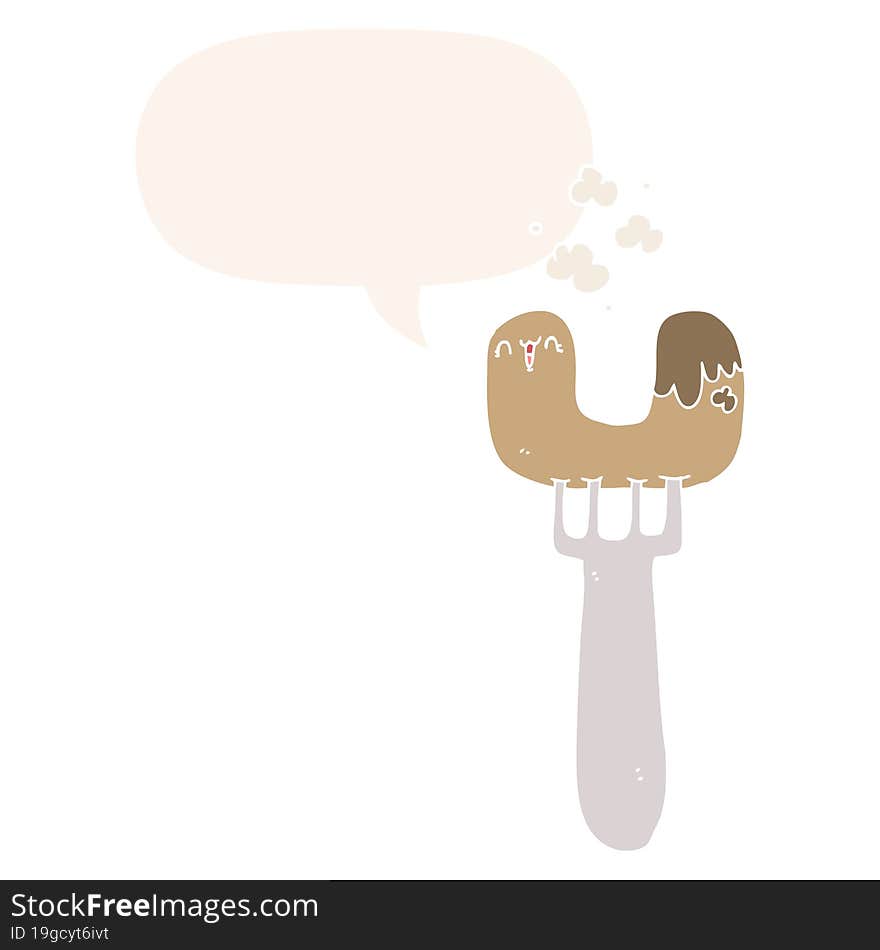 cartoon sausage on fork and speech bubble in retro style