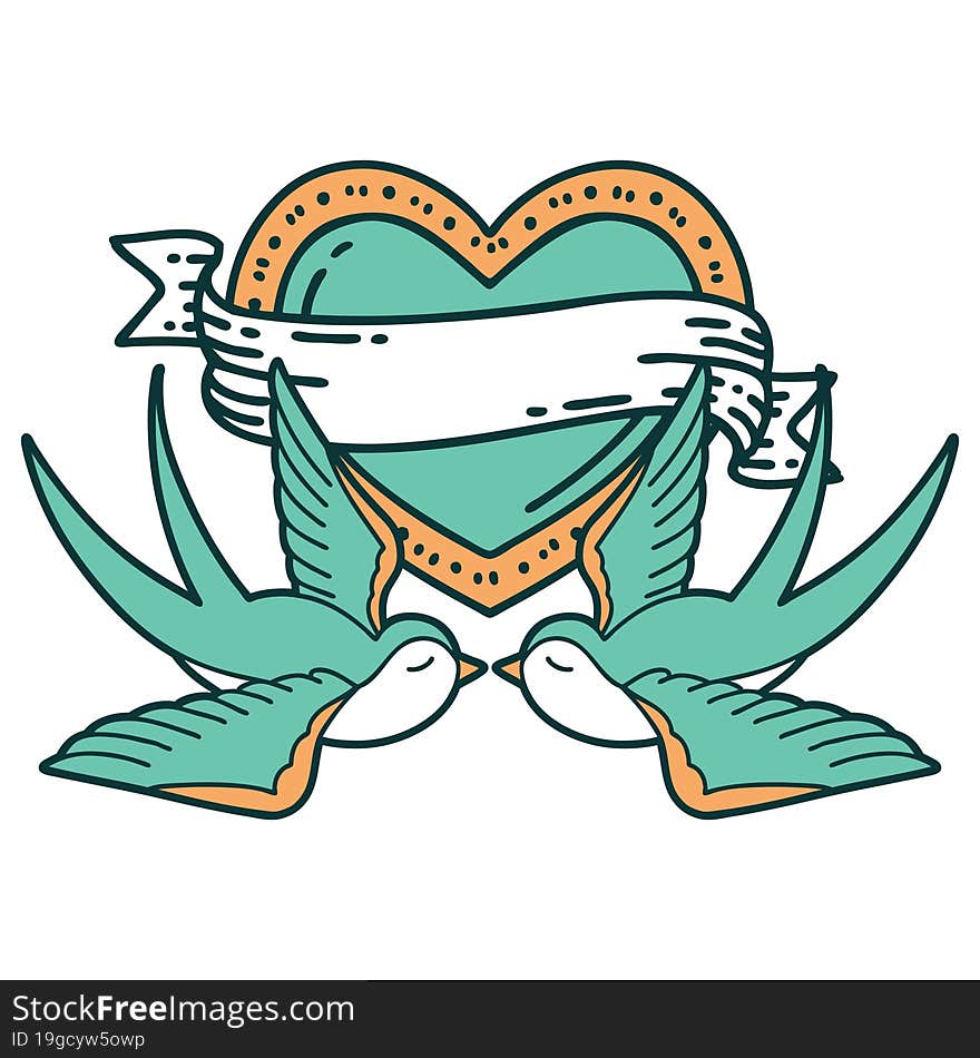 Tattoo Style Icon Of A Swallows And A Heart With Banner