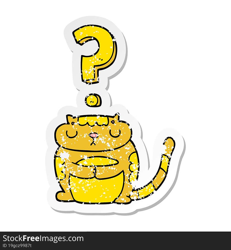 distressed sticker of a cartoon cat with question mark