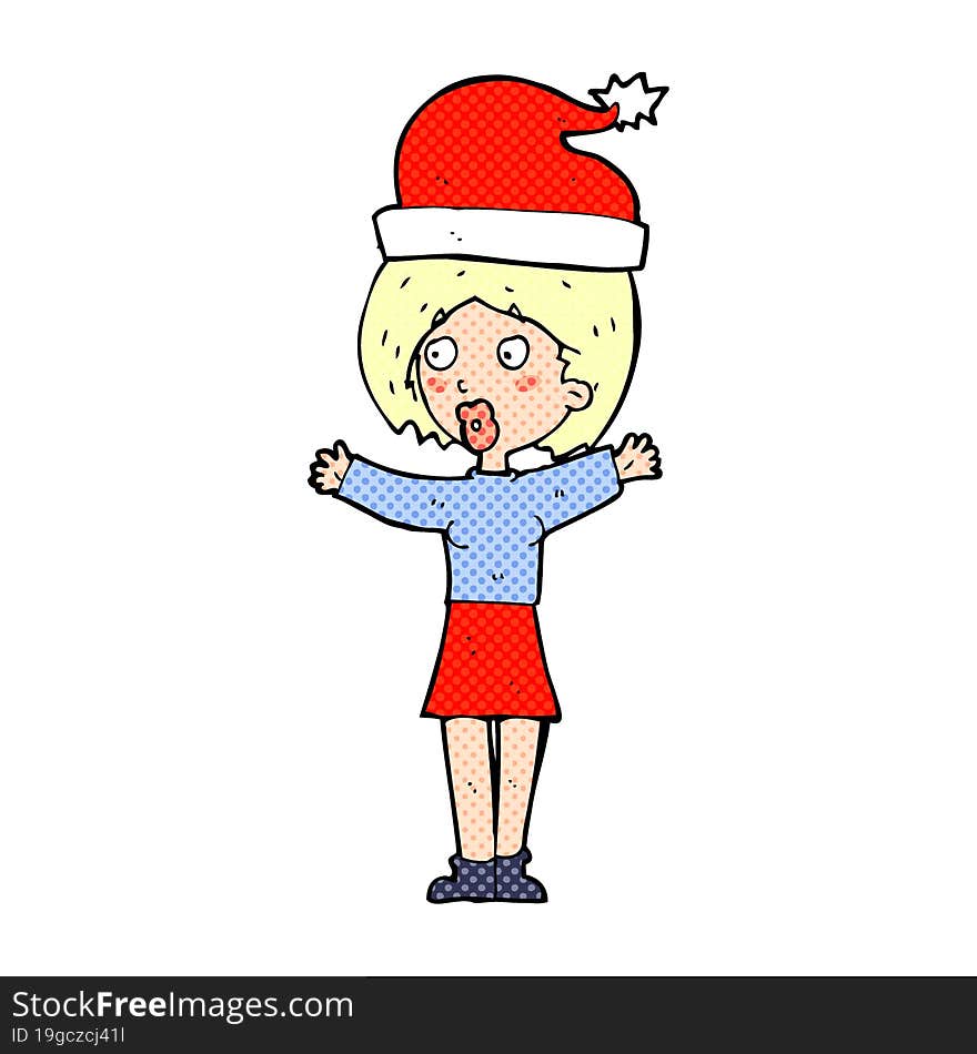 cartoon woman wearing a christmas hat. cartoon woman wearing a christmas hat