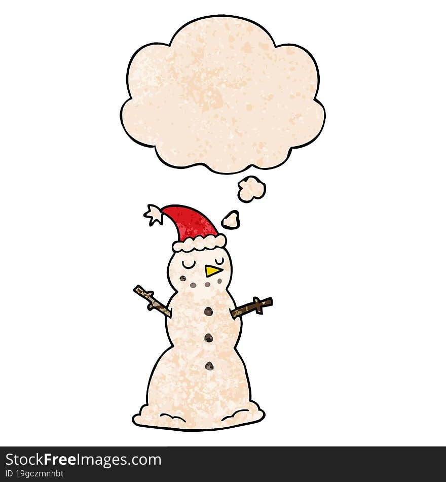 cartoon christmas snowman and thought bubble in grunge texture pattern style