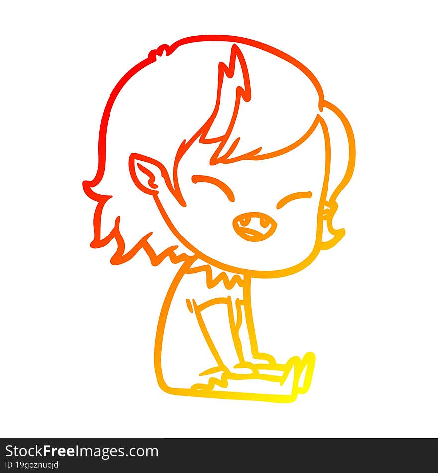 warm gradient line drawing of a cartoon laughing vampire girl sitting