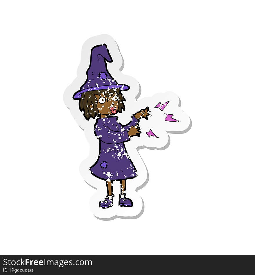 retro distressed sticker of a cartoon witch casting spell