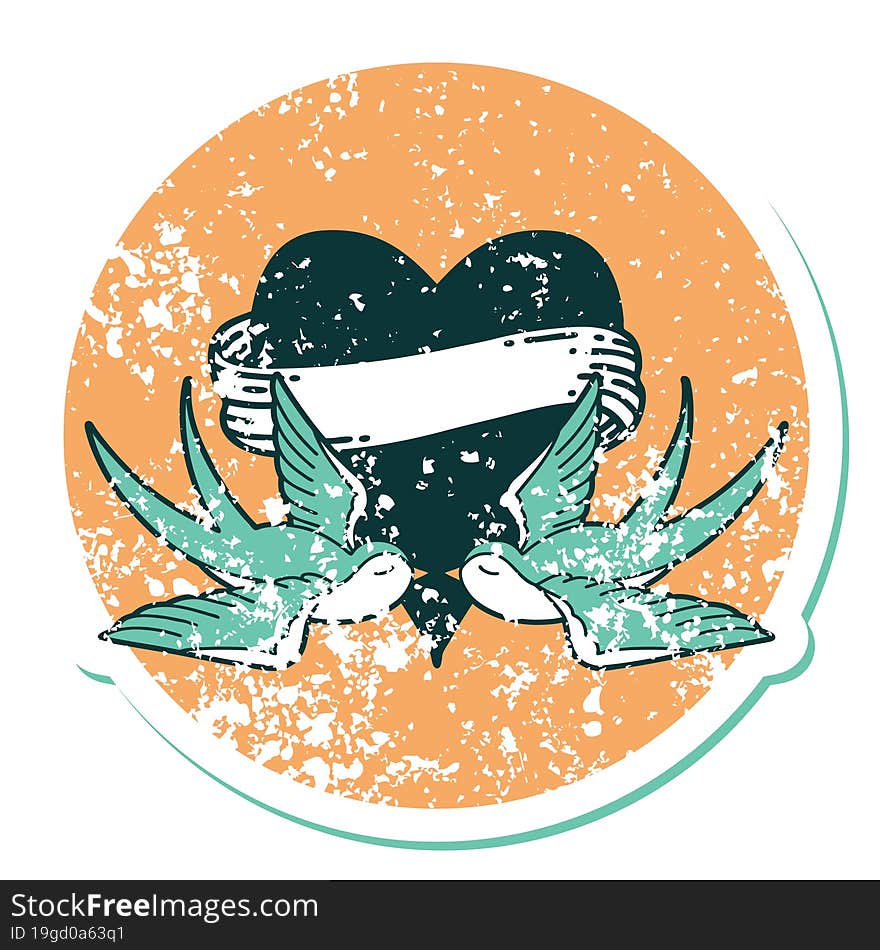 Distressed Sticker Tattoo Style Icon Of A Swallows And A Heart With Banner