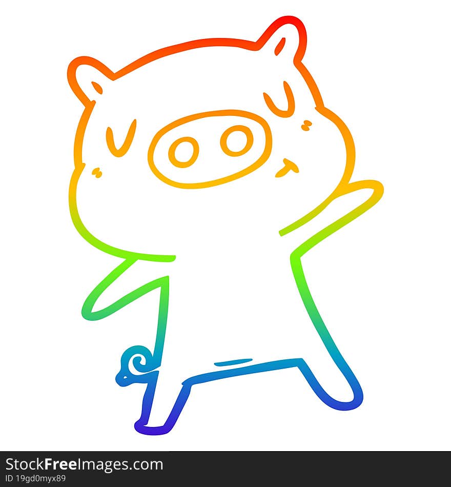 rainbow gradient line drawing of a cartoon content pig