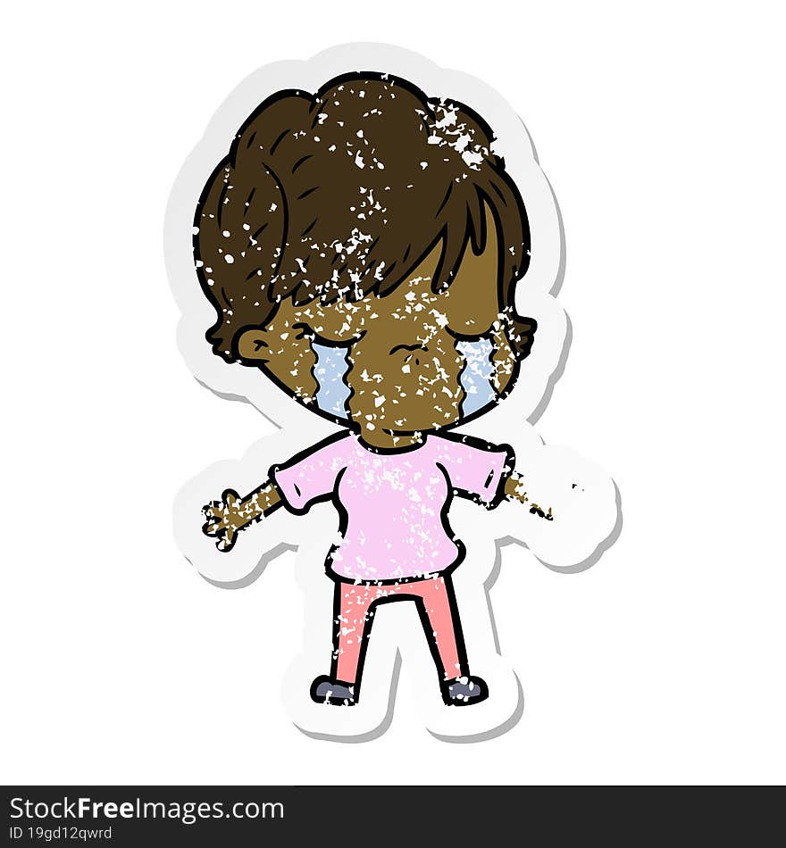 distressed sticker of a cartoon woman crying