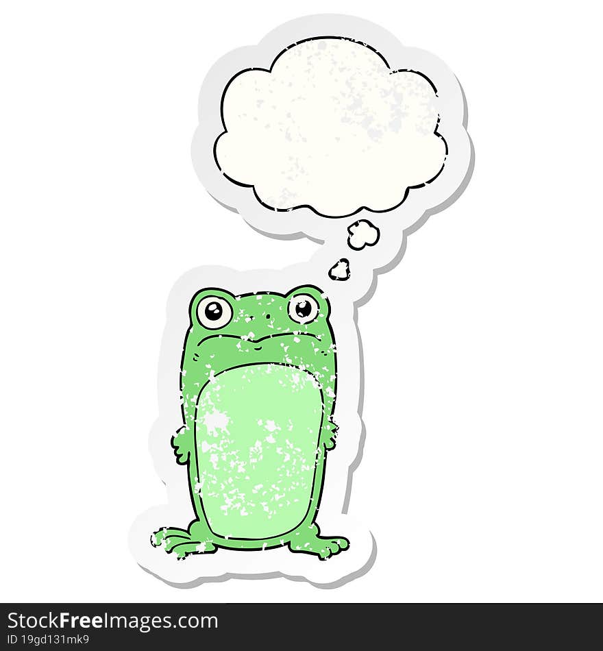 cartoon staring frog and thought bubble as a distressed worn sticker