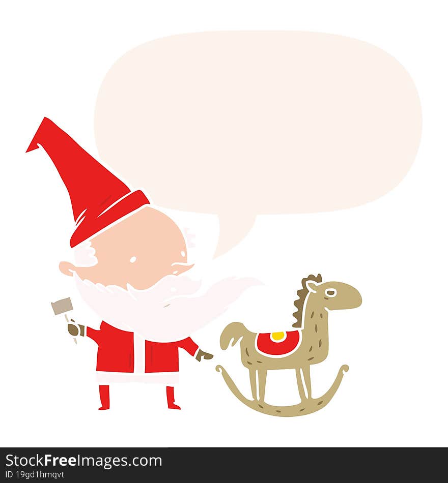 cartoon santa (or elf) making a rocking horse and speech bubble in retro style