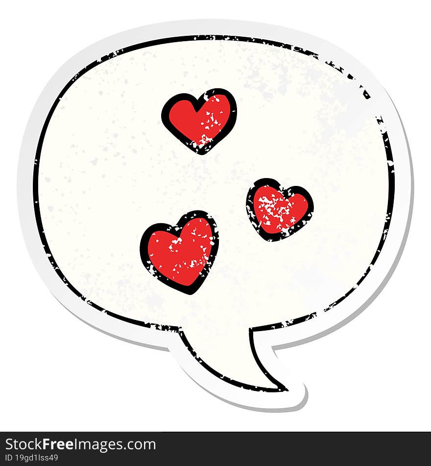 cartoon love heart with speech bubble distressed distressed old sticker. cartoon love heart with speech bubble distressed distressed old sticker