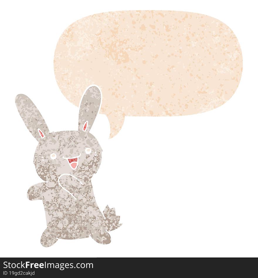 cartoon rabbit with speech bubble in grunge distressed retro textured style. cartoon rabbit with speech bubble in grunge distressed retro textured style