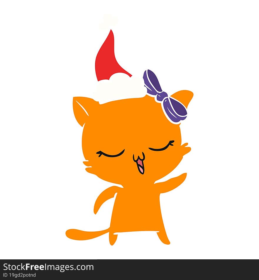 flat color illustration of a cat with bow on head wearing santa hat